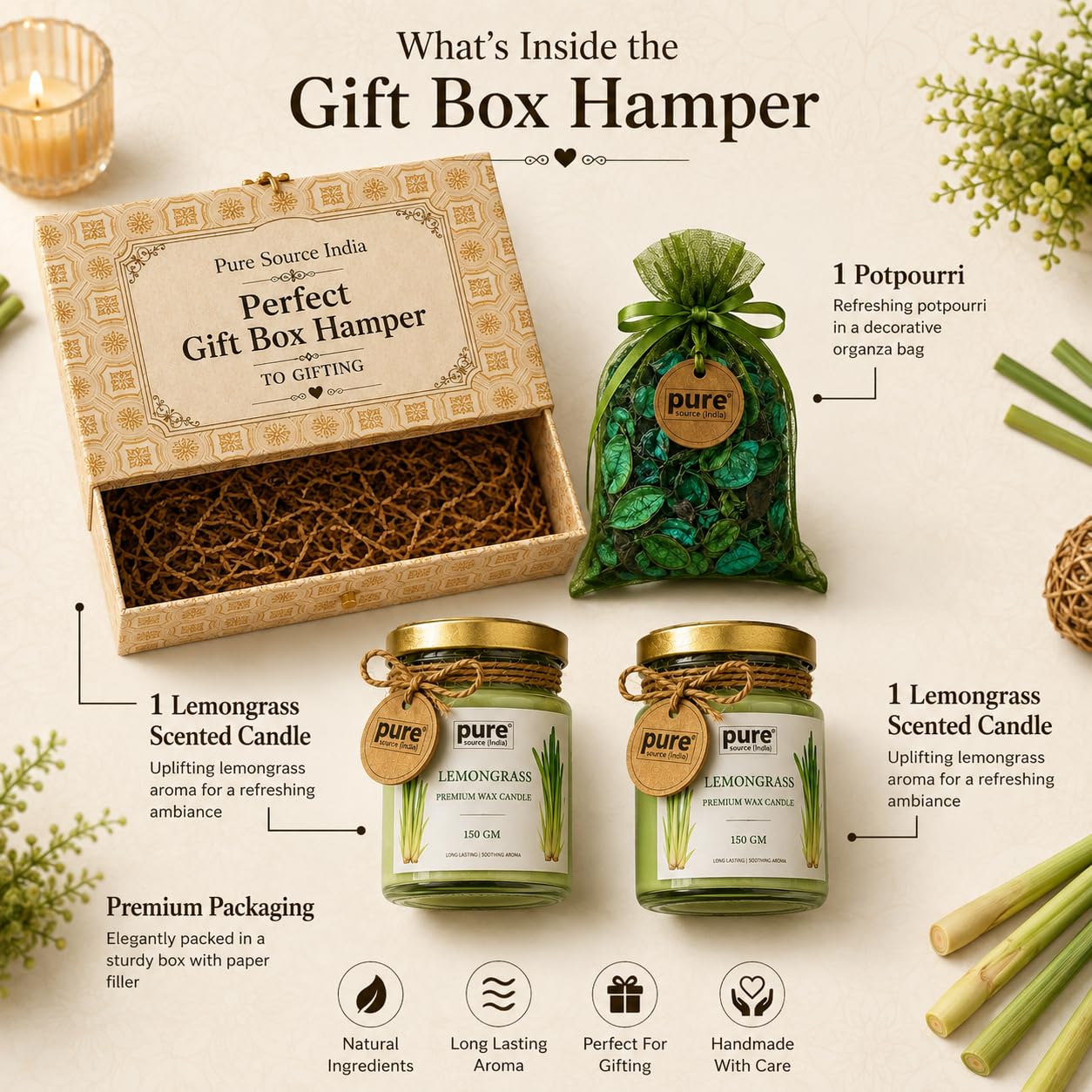 Pure Source India Luxury Festive Gift Box Hamper with Lemongrass Scented Candles & Green Potpourri| Premium Gift Set