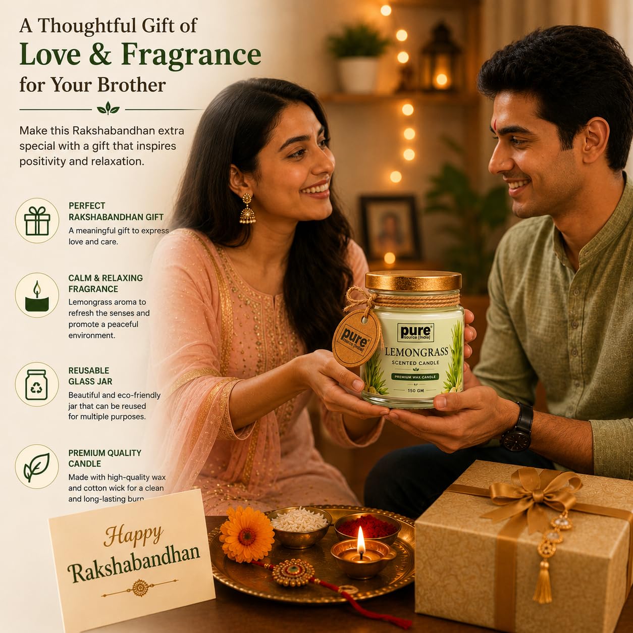 Pure Source India Lemongrass Scented Jar Candle | 150 GM | Premium Wax Candle | 35-40 Hours Burn Time | Aromatherapy Candle for Home Decor, Bedroom, Spa, Meditation & Gift