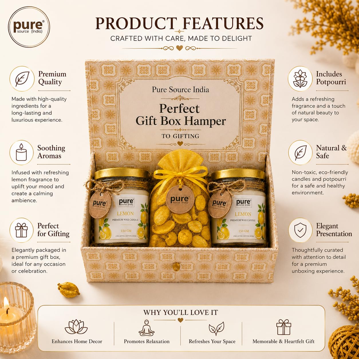 Pure Source India Luxury Festive Gift Box Hamper with Lemon Scented Candles & Yellow Potpourri