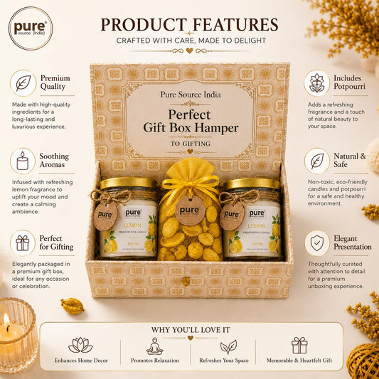 Pure Source India Luxury Festive Gift Box Hamper with Lemon Scented Candles & Yellow Potpourri