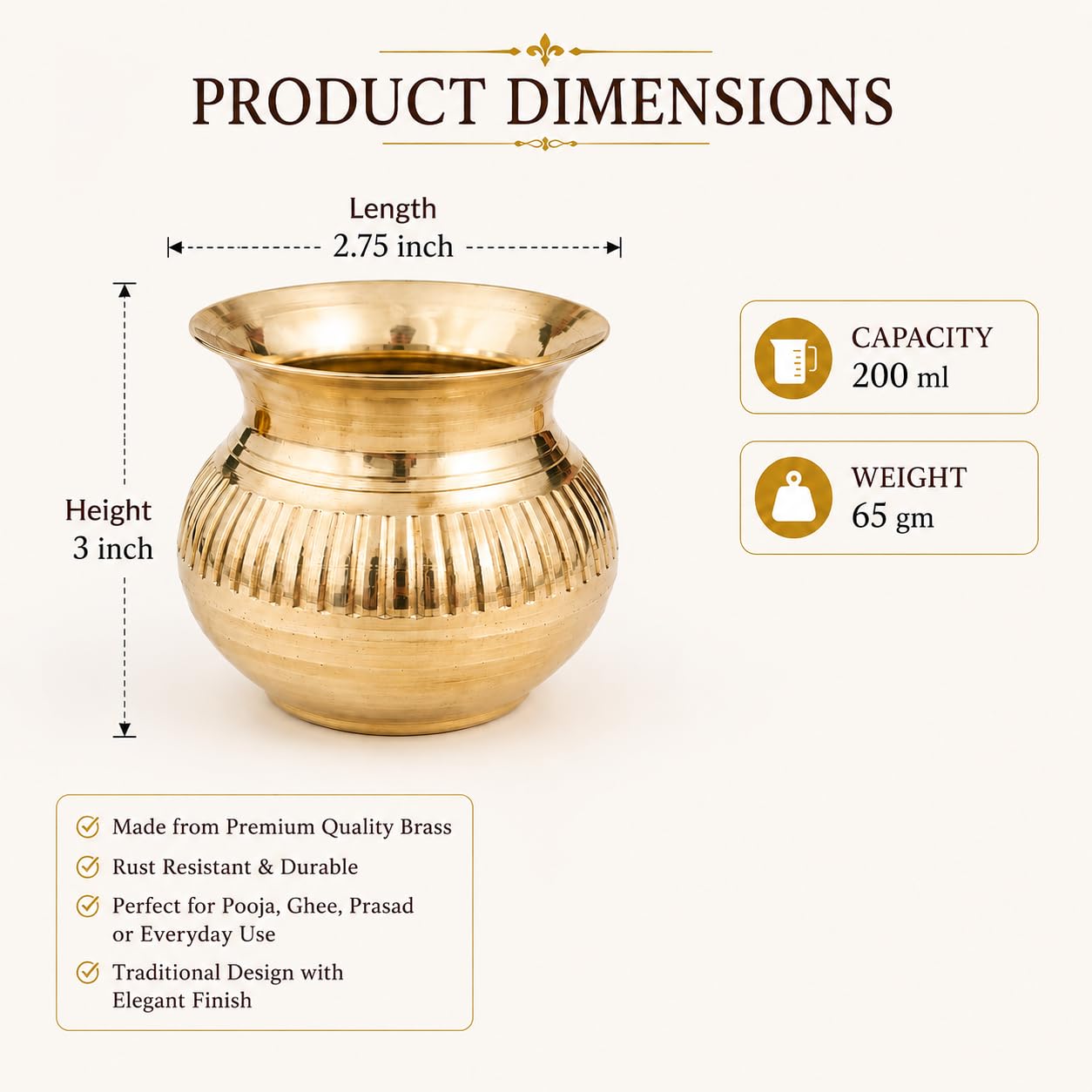 Pure Source India Brass Gangajal Lota for Pooja | 200 ML Traditional Brass Kalash Pot for Holy Water | Abhishek, Home Temple, Religious Rituals & Worship