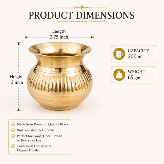 Pure Source India Brass Gangajal Lota for Pooja | 200 ML Traditional Brass Kalash Pot for Holy Water | Abhishek, Home Temple, Religious Rituals & Worship