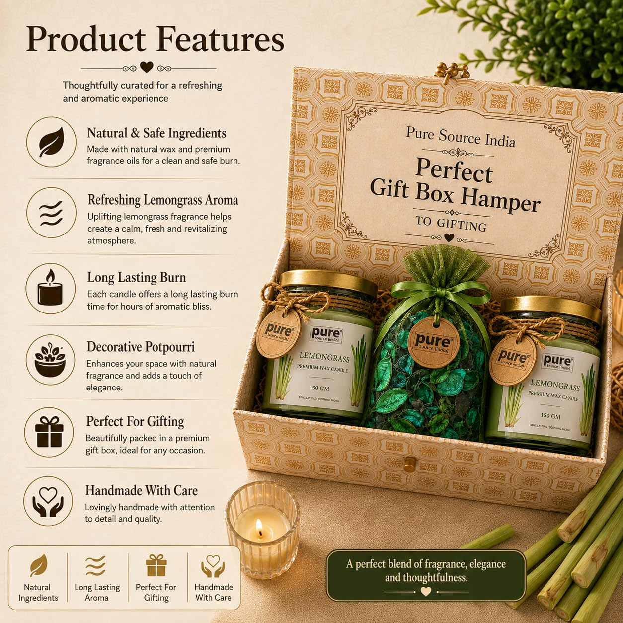Pure Source India Luxury Festive Gift Box Hamper with Lemongrass Scented Candles & Green Potpourri| Premium Gift Set