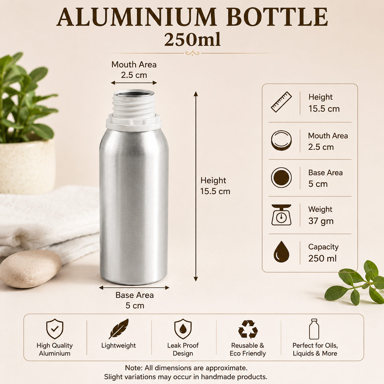 Pure Source India Aluminum Empty Bottle 250ml with Inner Lid & Cap – Ideal for Essential Oils, Oil Blends, Cosmetics and Liquid Storage (Pack of 1)