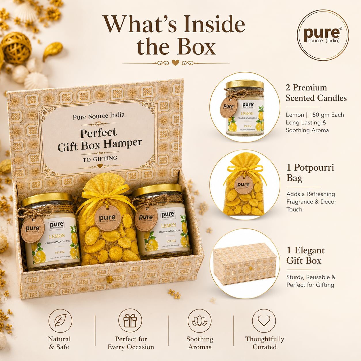 Pure Source India Luxury Festive Gift Box Hamper with Lemon Scented Candles & Yellow Potpourri