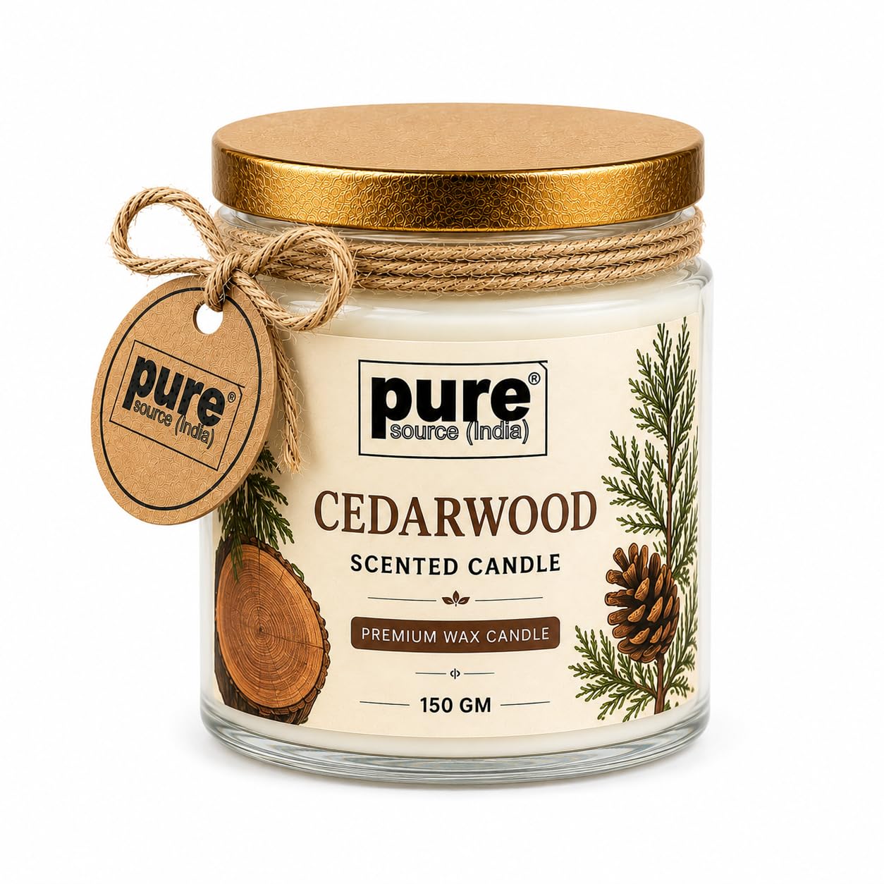 Pure Source India Premium Cedarwood Scented Wax Candle, 150 g | Woody Fragrance | 35–40 Hours Burn Time | Smokeless & Long-Lasting Aromatherapy Candle for Home Decor, Meditation, Diwali, Yoga & Gifting