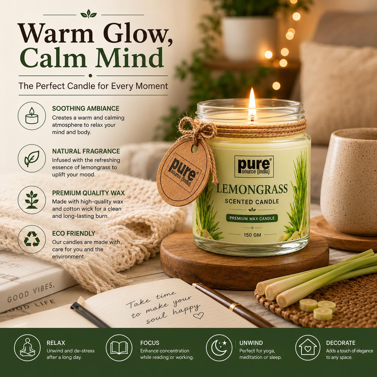 Pure Source India Lemongrass Scented Jar Candle | 150 GM | Premium Wax Candle | 35-40 Hours Burn Time | Aromatherapy Candle for Home Decor, Bedroom, Spa, Meditation & Gift
