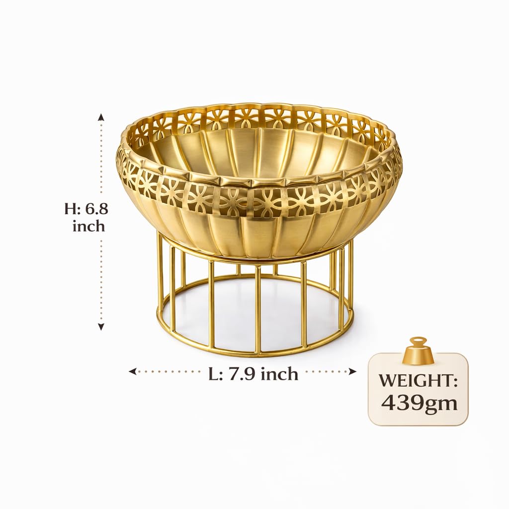 Pure Source India Metal Urli Bowl with Stand, Gold Finish, 6.8 Inch | Decorative Pedestal Bowl for Home Decor, Floating Flowers, Diya, Pooja, Diwali, Festivals & Center Table