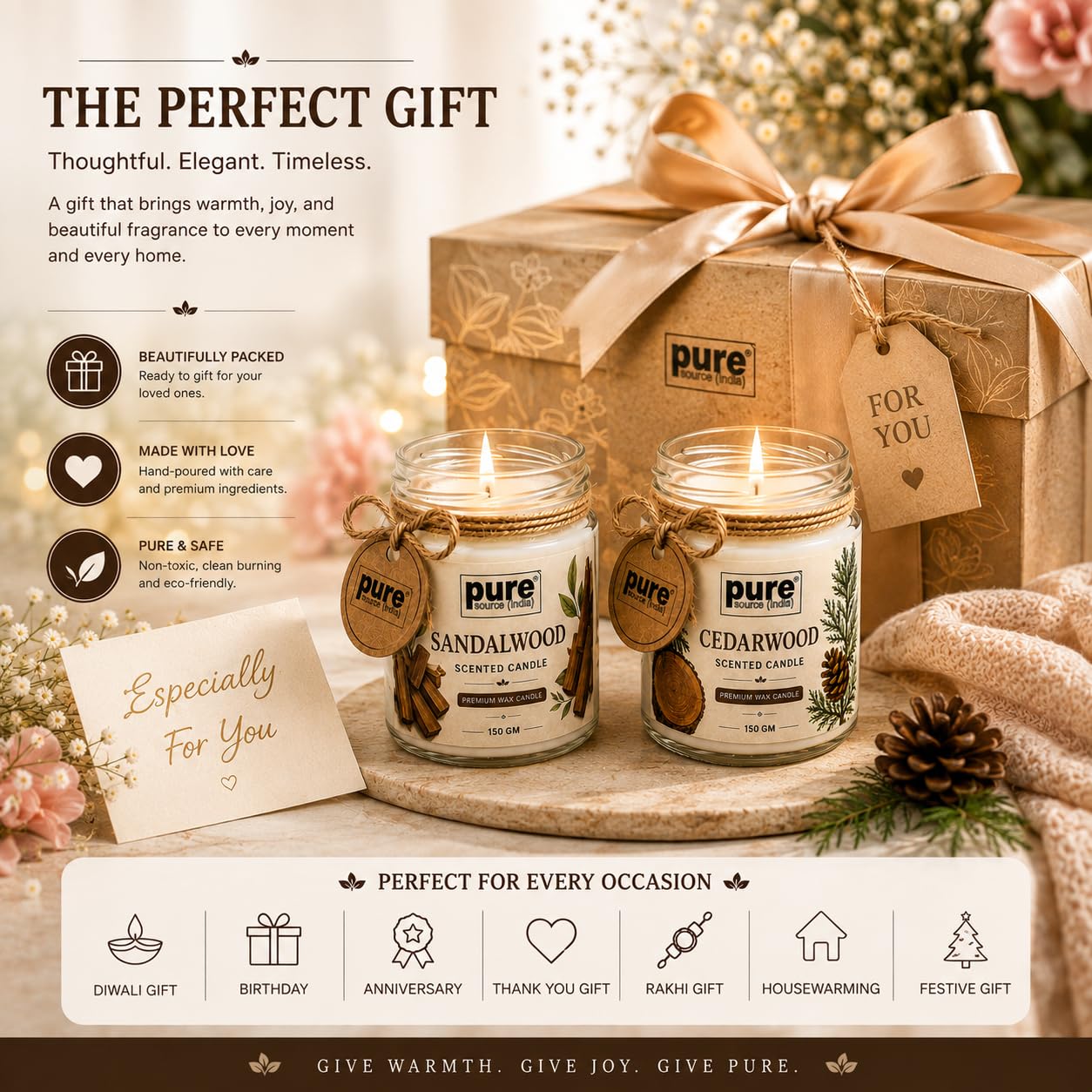 Pure Source India Scented Jar Candle Set of 2 (Sandalwood & Cedarwood) | 150g Each | Premium Wax Candles | 35-40 Hours Burn Time | Aromatherapy Candles for Home Decor, Diwali, Bedroom, Spa & Gifts