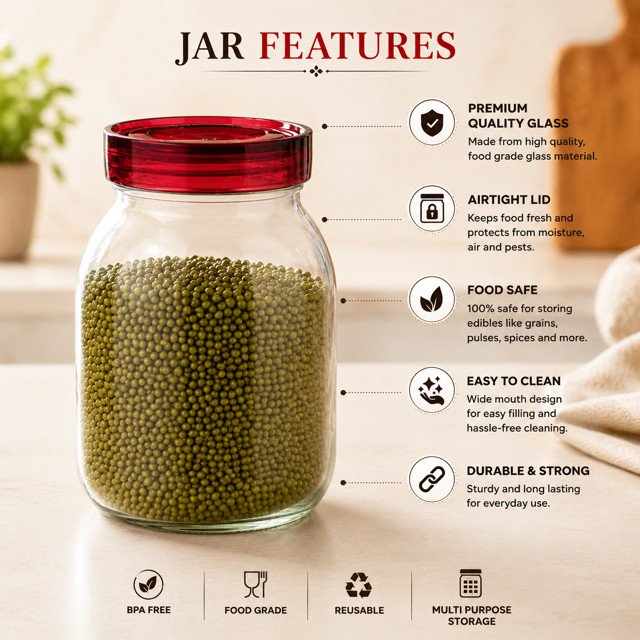 Pure Source India 1800 ML Glass Jars and Containers with Plastic air Tight Lid, Wide-Mouth Glass Jars and Containers  (14 CM CLEAR)