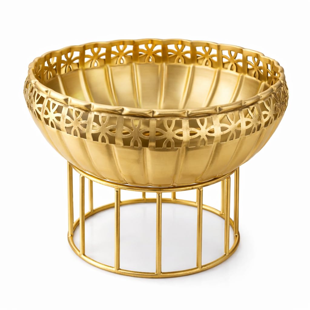 Pure Source India Metal Urli Bowl with Stand, Gold Finish, 6.8 Inch | Decorative Pedestal Bowl for Home Decor, Floating Flowers, Diya, Pooja, Diwali, Festivals & Center Table