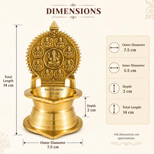 Pure Source India 14 cm Brass Ganesh Diya for Pooja | Traditional Decorative Oil Lamp with Auspicious Ganesh Backplate | Brass Deepam for Temple, Home Mandir, Diwali & Festivals