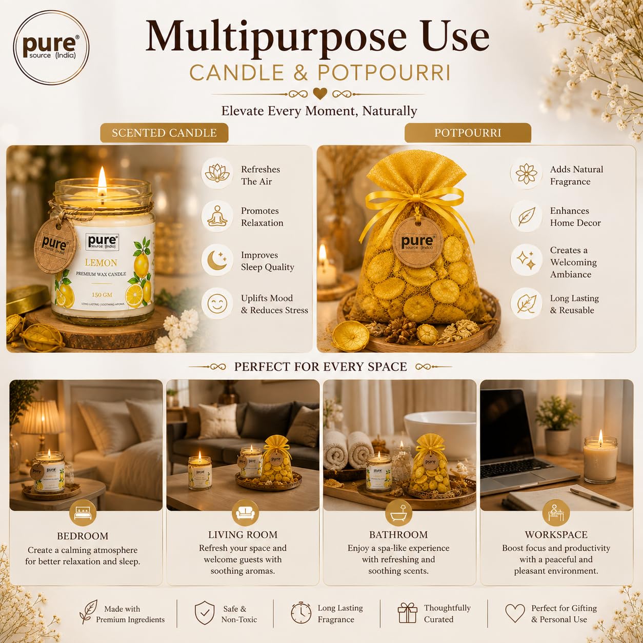 Pure Source India Luxury Festive Gift Box Hamper with Lemon Scented Candles & Yellow Potpourri