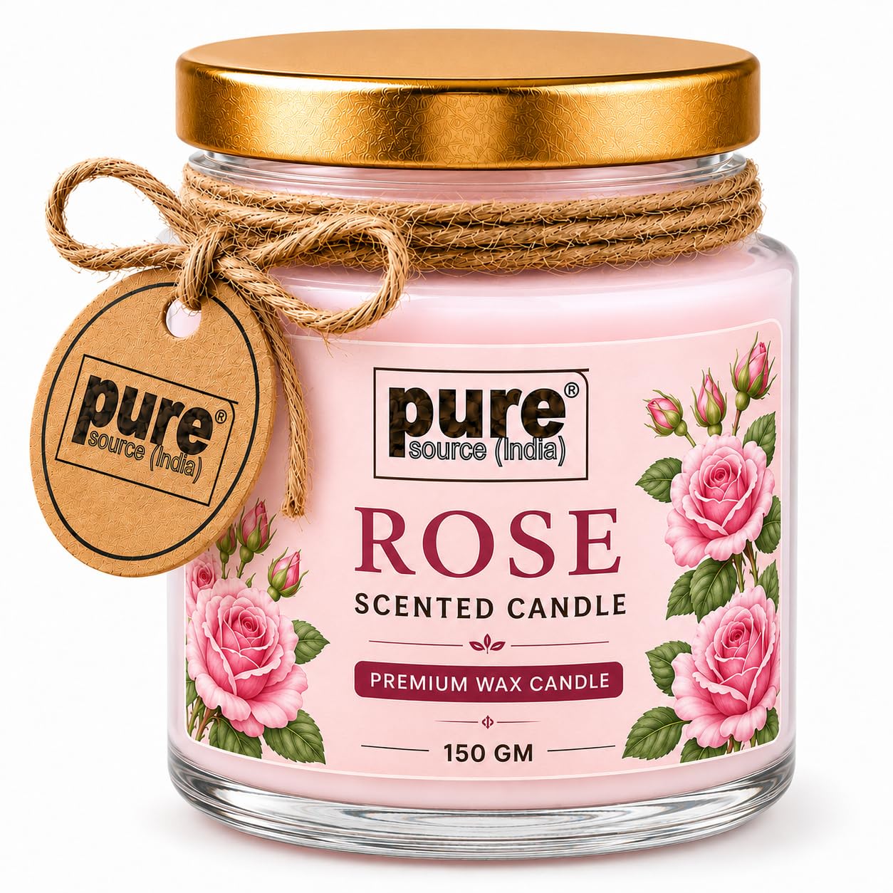 Pure Source India Rose Scented Jar Candle | 150 GM | Premium Wax Candle | 35-40 Hours Burn Time | Aromatherapy Candle for Home Decor, Bedroom, Spa, Meditation & Gift