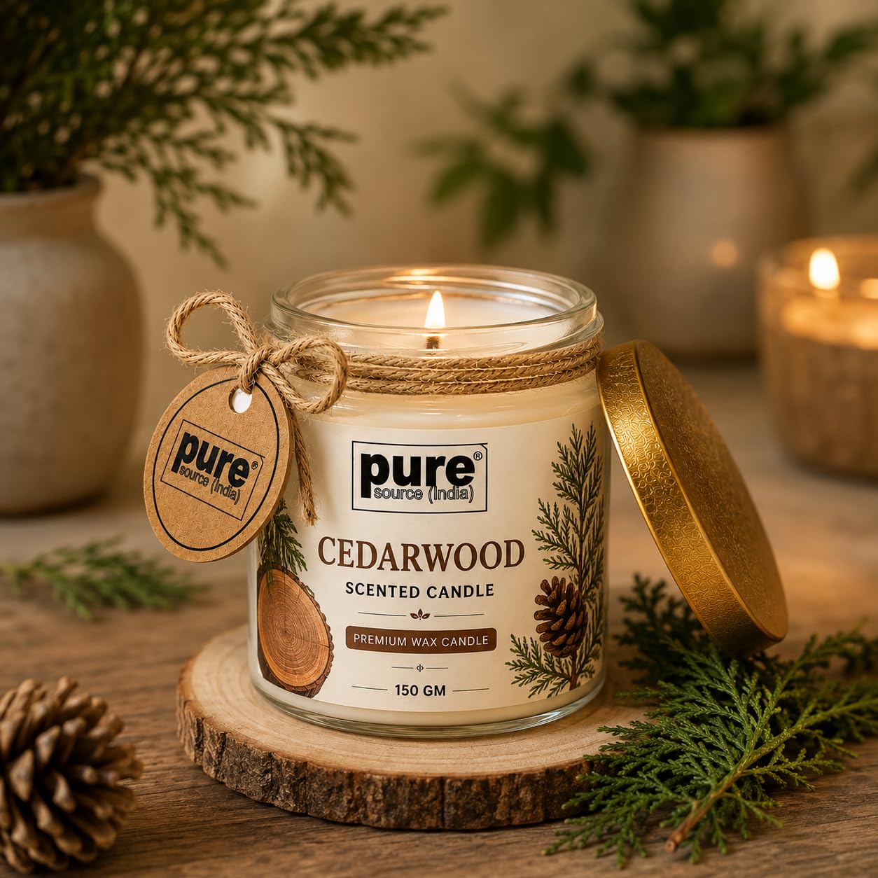 Pure Source India Premium Cedarwood Scented Wax Candle, 150 g | Woody Fragrance | 35–40 Hours Burn Time | Smokeless & Long-Lasting Aromatherapy Candle for Home Decor, Meditation, Diwali, Yoga & Gifting