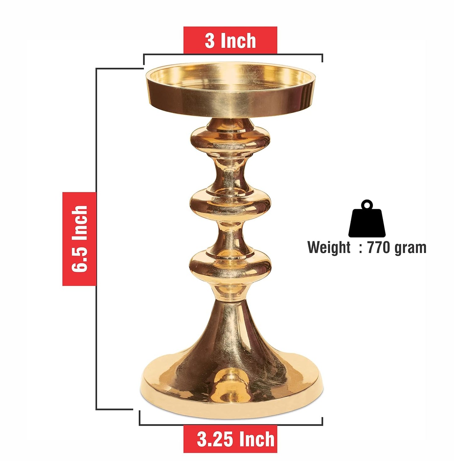 Pure Source India Brass Pillar Candle Stand, 6.5 Inch Candle Holder | Traditional Gold Brass Candle Stand for Home Decor, Table Decoration, Diwali, Festivals & Gifting