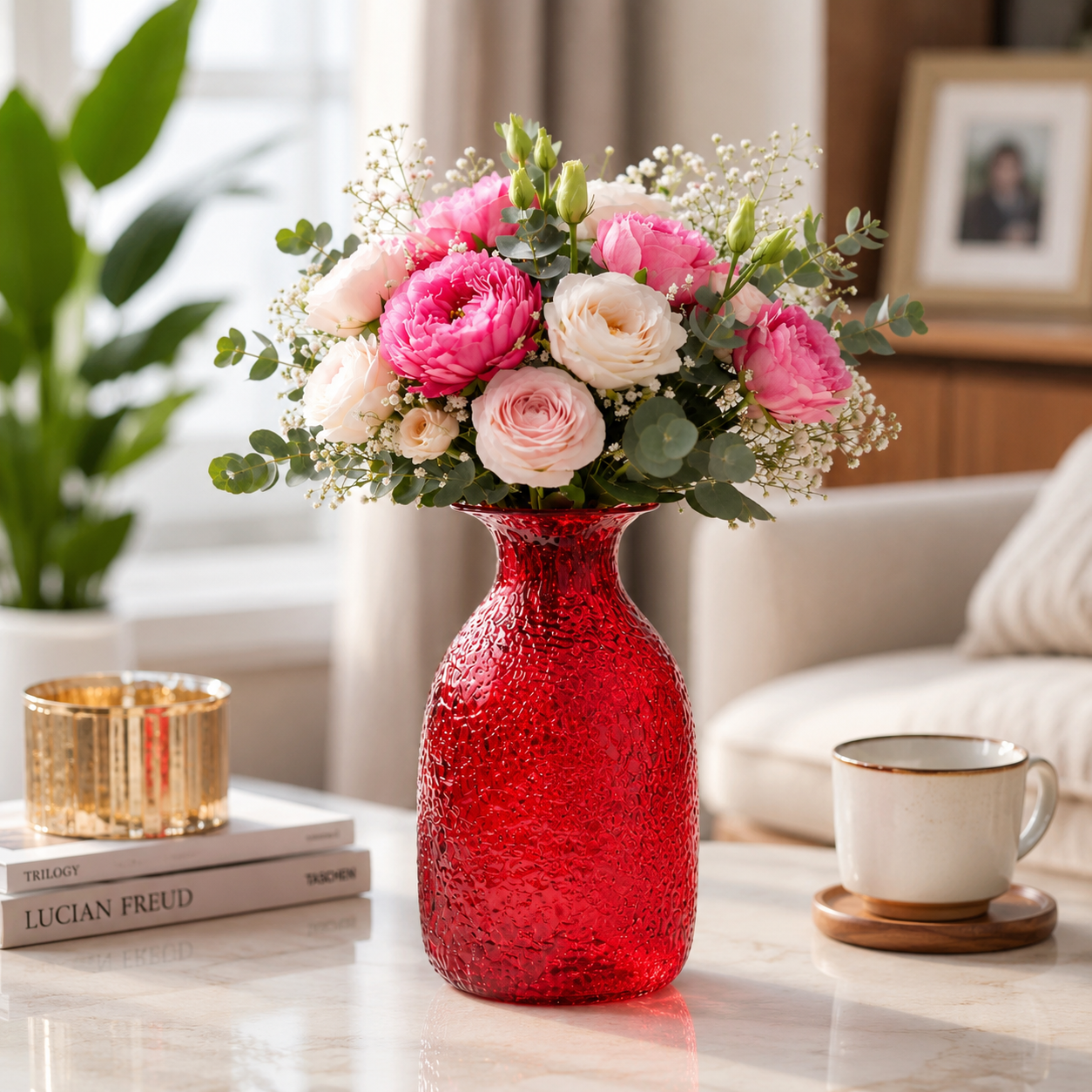 Pure Source India Elegant Orange Textured Glass Flower Vase – Decorative Bubbled Design, Modern Home Décor Accent, Table Centerpiece