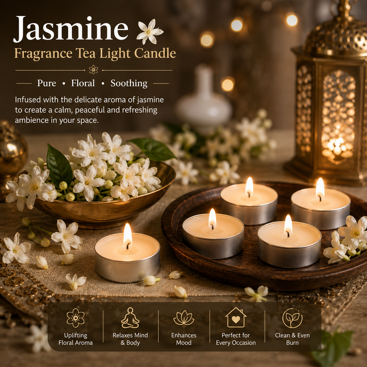Pure Source India Scented Jasmine Tea Light Candles, Pack of 25 | Fragrance Tealight Candles for Home Decor, Pooja, Meditation, Diwali, Parties, Spa & Aromatherapy | Decorative Long-Lasting Candles