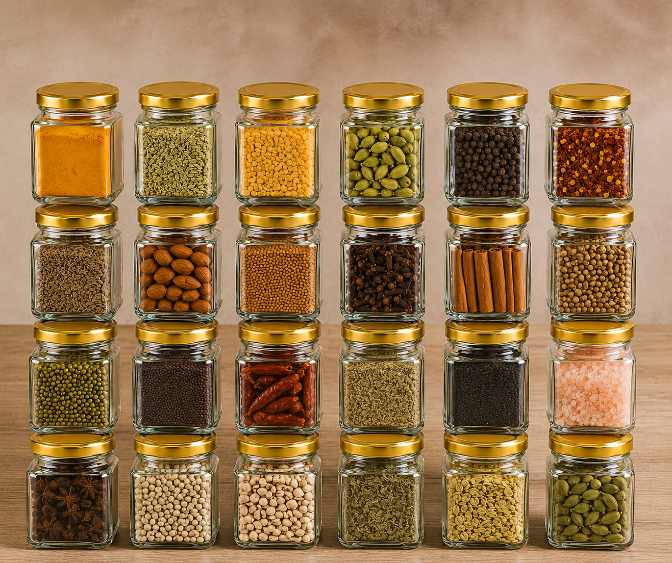 Pure Source India 150gm, Square Glass Jar with Gold Lug Cap | Airtight Food Storage Jar for Honey, Jam, Pickles, Spices & Preserves