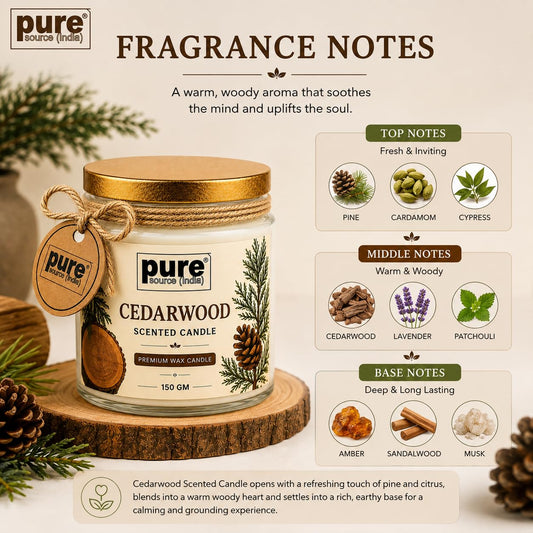 Pure Source India Premium Cedarwood Scented Wax Candle, 150 g | Woody Fragrance | 35–40 Hours Burn Time | Smokeless & Long-Lasting Aromatherapy Candle for Home Decor, Meditation, Diwali, Yoga & Gifting
