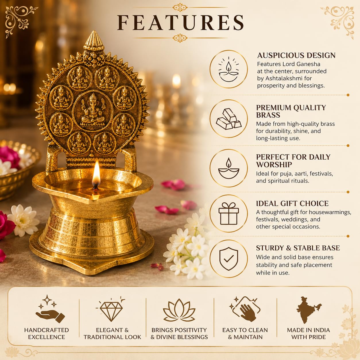 Pure Source India 14 cm Brass Ganesh Diya for Pooja | Traditional Decorative Oil Lamp with Auspicious Ganesh Backplate | Brass Deepam for Temple, Home Mandir, Diwali & Festivals