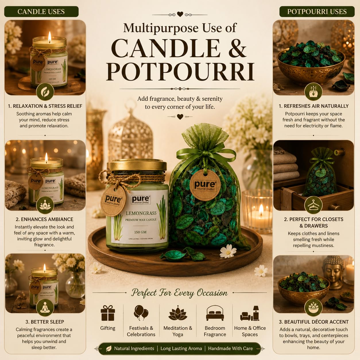 Pure Source India Luxury Festive Gift Box Hamper with Lemongrass Scented Candles & Green Potpourri| Premium Gift Set