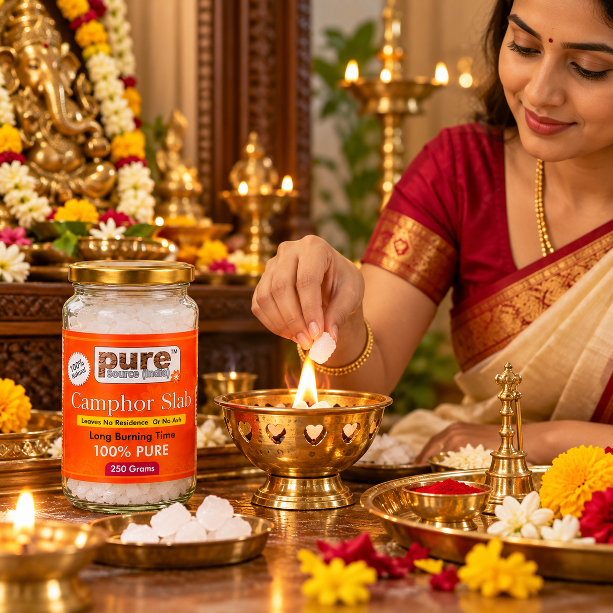Pure Source India 100% Pure Natural Camphor Slab 250g | Long Burning Camphor for Pooja, Aarti & Home Fragrance