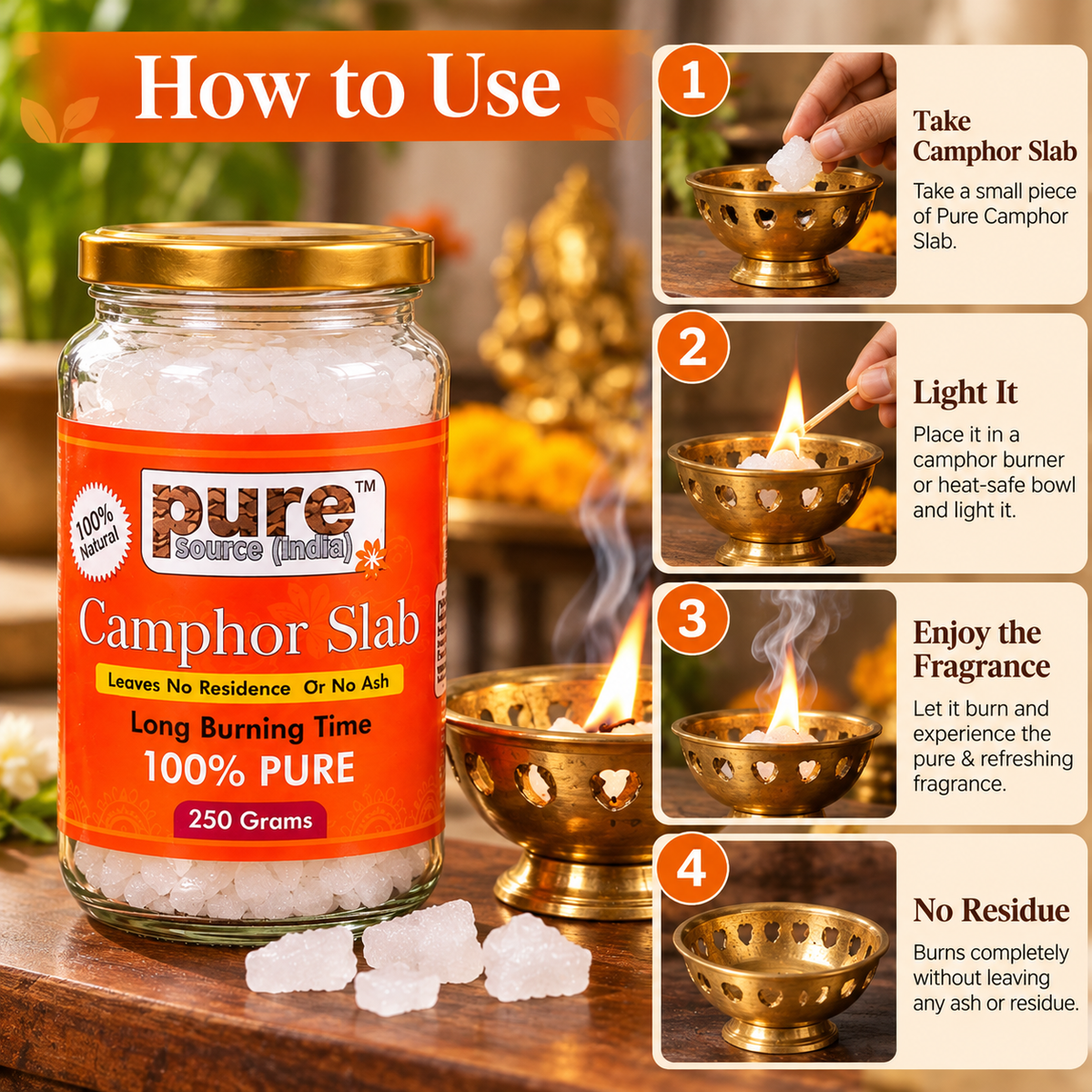 Pure Source India 100% Pure Natural Camphor Slab 250g | Long Burning Camphor for Pooja, Aarti & Home Fragrance