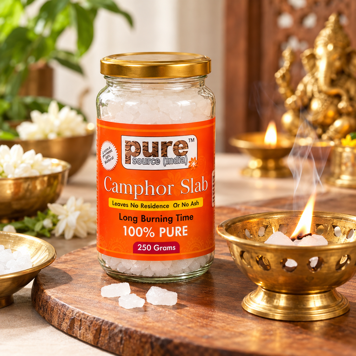 Pure Source India 100% Pure Natural Camphor Slab 250g | Long Burning Camphor for Pooja, Aarti & Home Fragrance