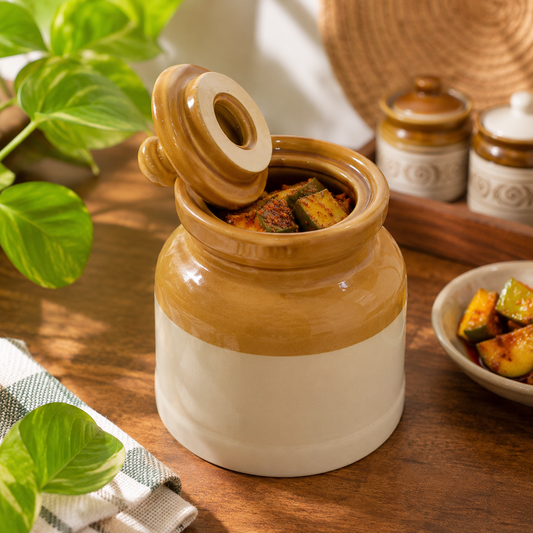 Pure Source India Ceramic Pickle Jar with Lid 700gm | Food-Safe Ceramic Bharani for Achaar Storage | Ceramic Storage Container for Pickle, Chutney, Masala, Salt, Dry Fruits, Mouth Freshener & Kitchen Organizer | Ivory & Brown