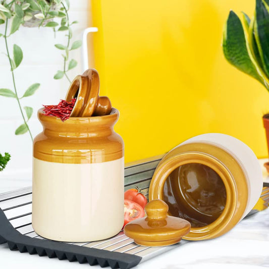 Pure Source India Ceramic Pickle Jar with Lid - 1 Piece, Ivory and Brown
