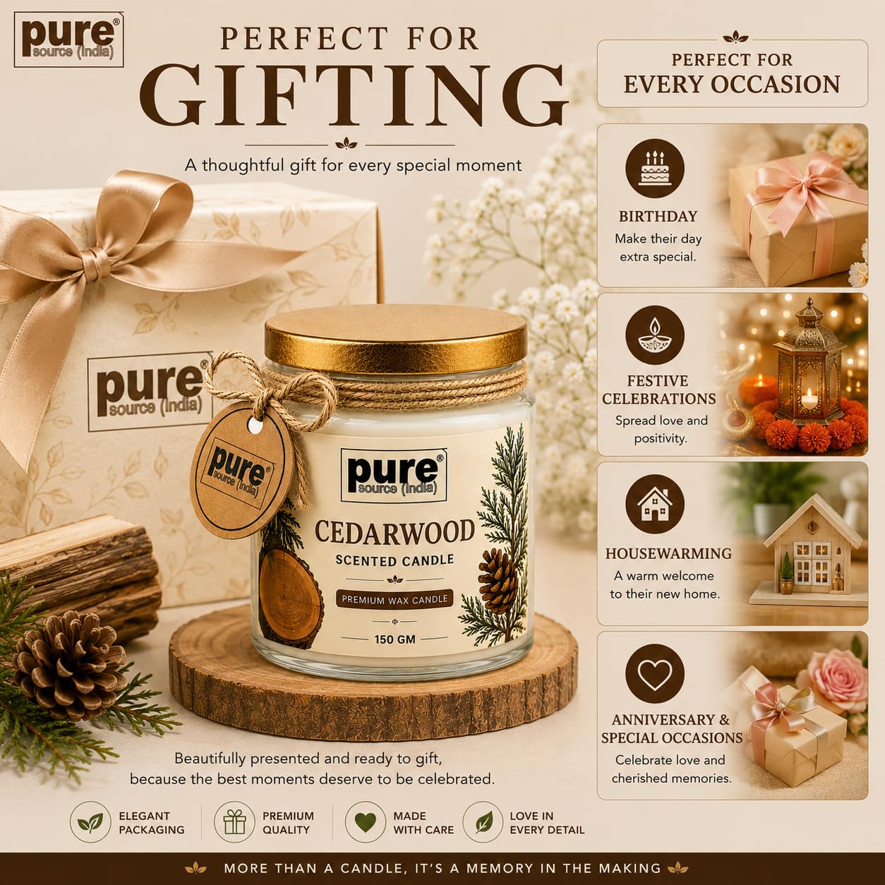 Pure Source India Premium Cedarwood Scented Wax Candle, 150 g | Woody Fragrance | 35–40 Hours Burn Time | Smokeless & Long-Lasting Aromatherapy Candle for Home Decor, Meditation, Diwali, Yoga & Gifting