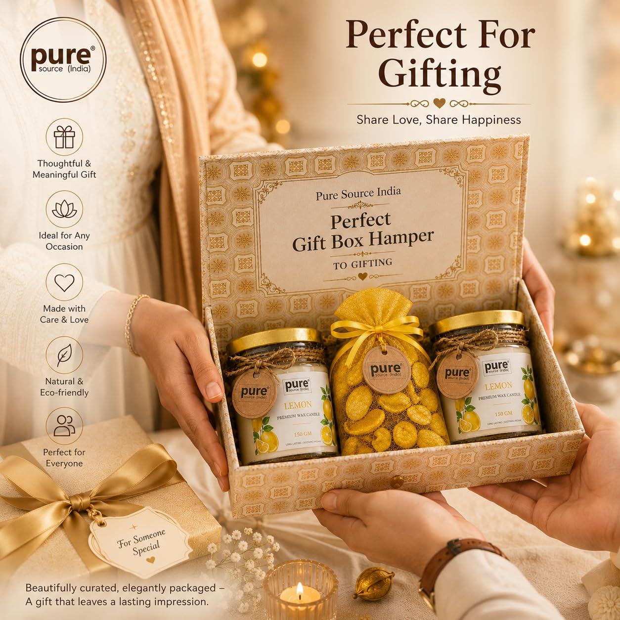 Pure Source India Luxury Festive Gift Box Hamper with Lemon Scented Candles & Yellow Potpourri