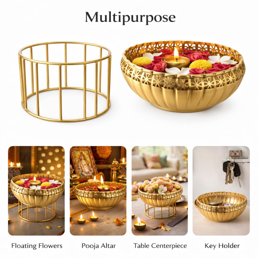 Pure Source India Metal Urli Bowl with Stand, Gold Finish, 6.8 Inch | Decorative Pedestal Bowl for Home Decor, Floating Flowers, Diya, Pooja, Diwali, Festivals & Center Table