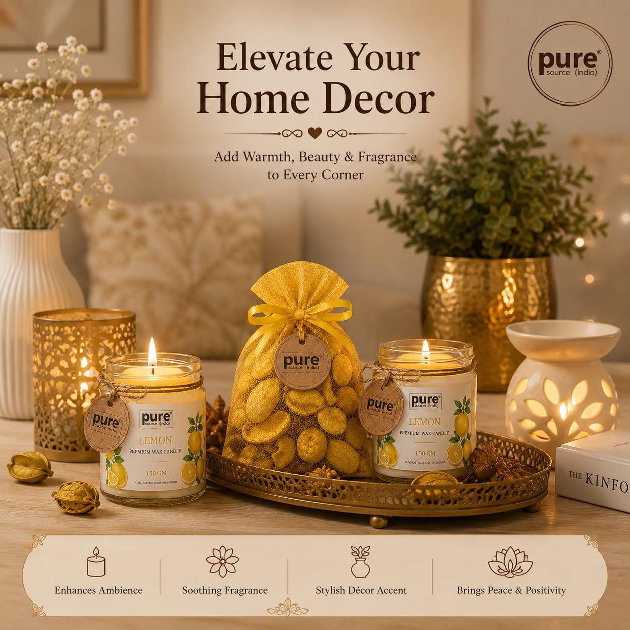 Pure Source India Luxury Festive Gift Box Hamper with Lemon Scented Candles & Yellow Potpourri