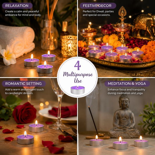 Pure Source India Scented Lavender Tea Light Candles, Pack of 25 | Fragrance Tealight Candles for Home Decor, Pooja, Meditation, Diwali, Parties, Spa & Aromatherapy | Decorative Long-Lasting Candles