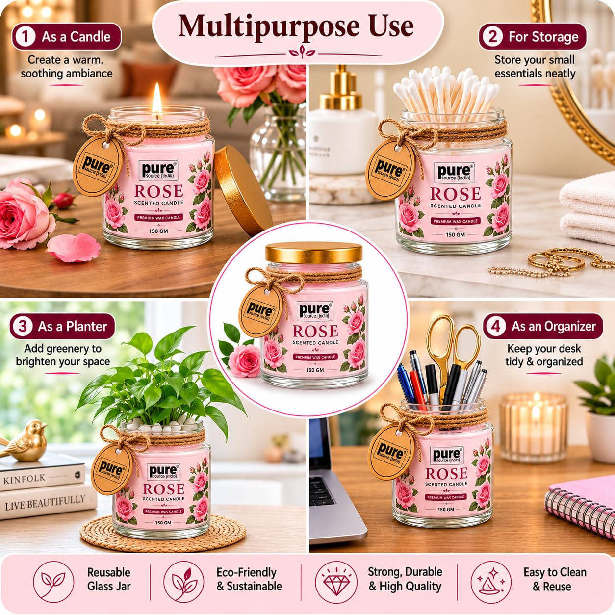 Pure Source India Rose Scented Jar Candle | 150 GM | Premium Wax Candle | 35-40 Hours Burn Time | Aromatherapy Candle for Home Decor, Bedroom, Spa, Meditation & Gift