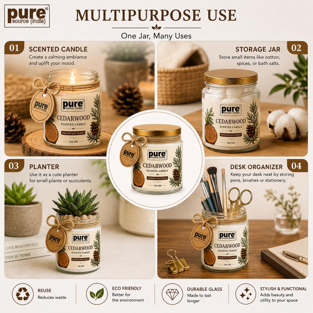 Pure Source India Premium Cedarwood Scented Wax Candle, 150 g | Woody Fragrance | 35–40 Hours Burn Time | Smokeless & Long-Lasting Aromatherapy Candle for Home Decor, Meditation, Diwali, Yoga & Gifting