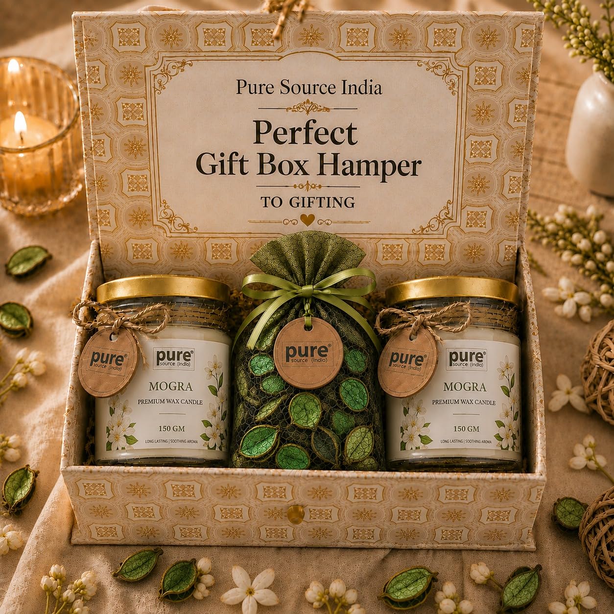 Pure Source India Luxury Festive Gift Box Hamper with Mogra Scented Candles & Green Potpourri| Premium Gift Set