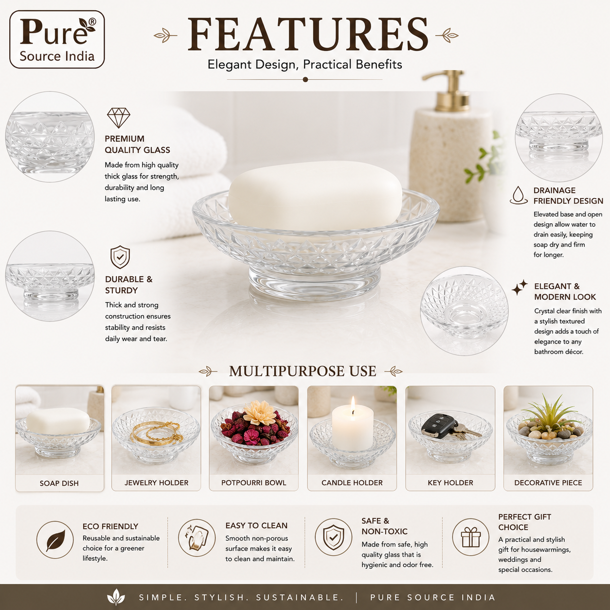 Pure Source India Crystal Glass Soap Dish for Bathroom 4.5 Inch| Elegant Transparent Soap Holder with Anti-Slip Design | Ideal for Washbasin, Shower & Kitchen Counter