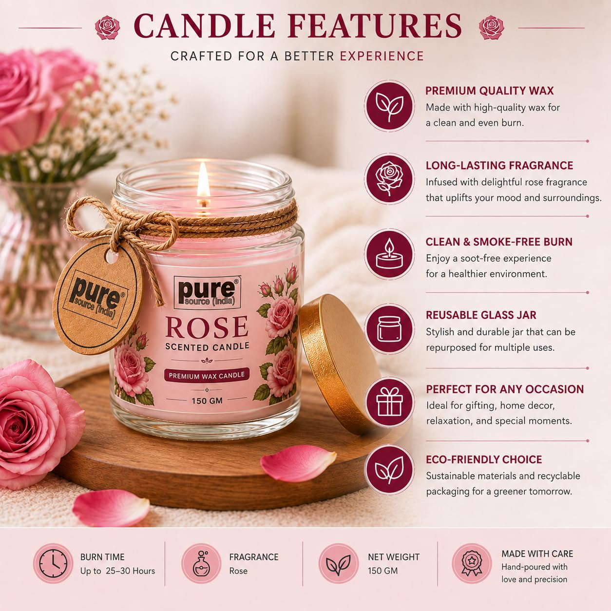 Pure Source India Rose Scented Jar Candle | 150 GM | Premium Wax Candle | 35-40 Hours Burn Time | Aromatherapy Candle for Home Decor, Bedroom, Spa, Meditation & Gift