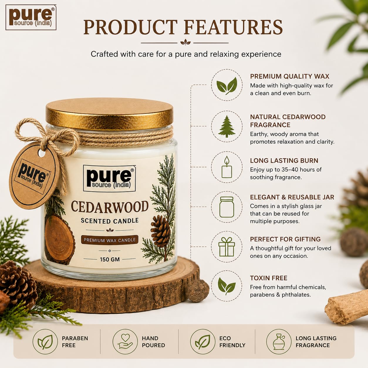 Pure Source India Premium Cedarwood Scented Wax Candle, 150 g | Woody Fragrance | 35–40 Hours Burn Time | Smokeless & Long-Lasting Aromatherapy Candle for Home Decor, Meditation, Diwali, Yoga & Gifting