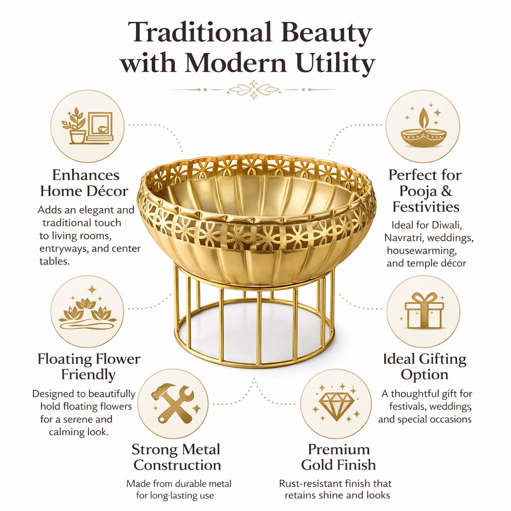 Pure Source India Metal Urli Bowl with Stand, Gold Finish, 6.8 Inch | Decorative Pedestal Bowl for Home Decor, Floating Flowers, Diya, Pooja, Diwali, Festivals & Center Table