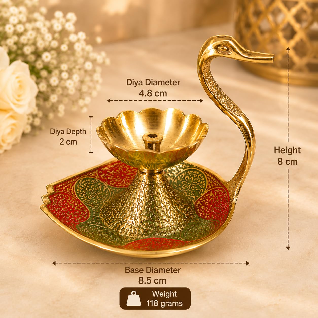 Pure Source India Brass Swan Diya for Pooja, 8 cm | Hand-Painted Flower Oil Lamp with Decorative Tray | Traditional Deepak for Home Temple, Diwali, Festivals, Home Decor & Gifting
