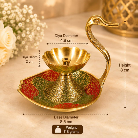 Pure Source India Brass Swan Diya for Pooja, 8 cm | Hand-Painted Flower Oil Lamp with Decorative Tray | Traditional Deepak for Home Temple, Diwali, Festivals, Home Decor & Gifting
