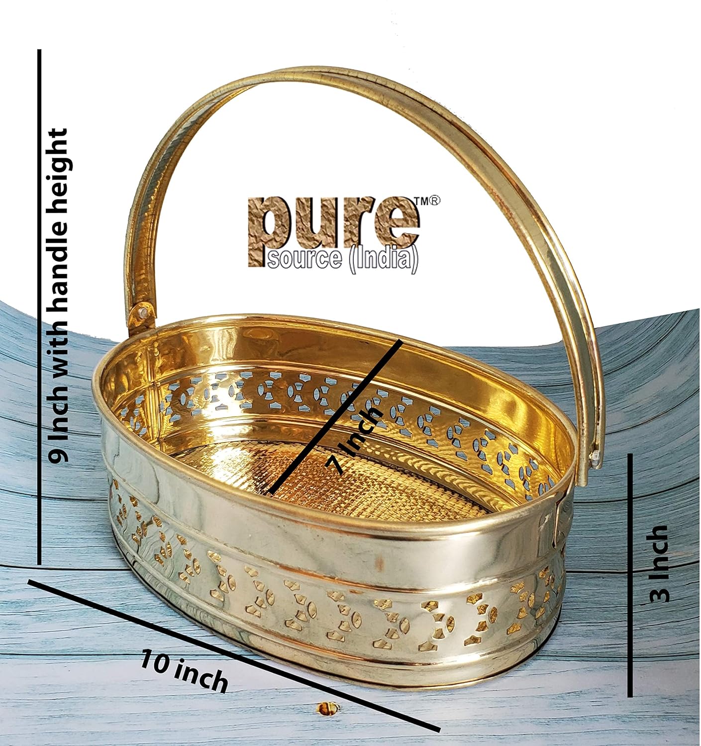 Pure Source India Brass Traditional Oval Shaped Pooja Basket Dalia, Golden Brass Pooja Basket | Decorative Puja Thali Accessory for Mandir, Aarti, Festivals, Wedding & Religious Ceremonies