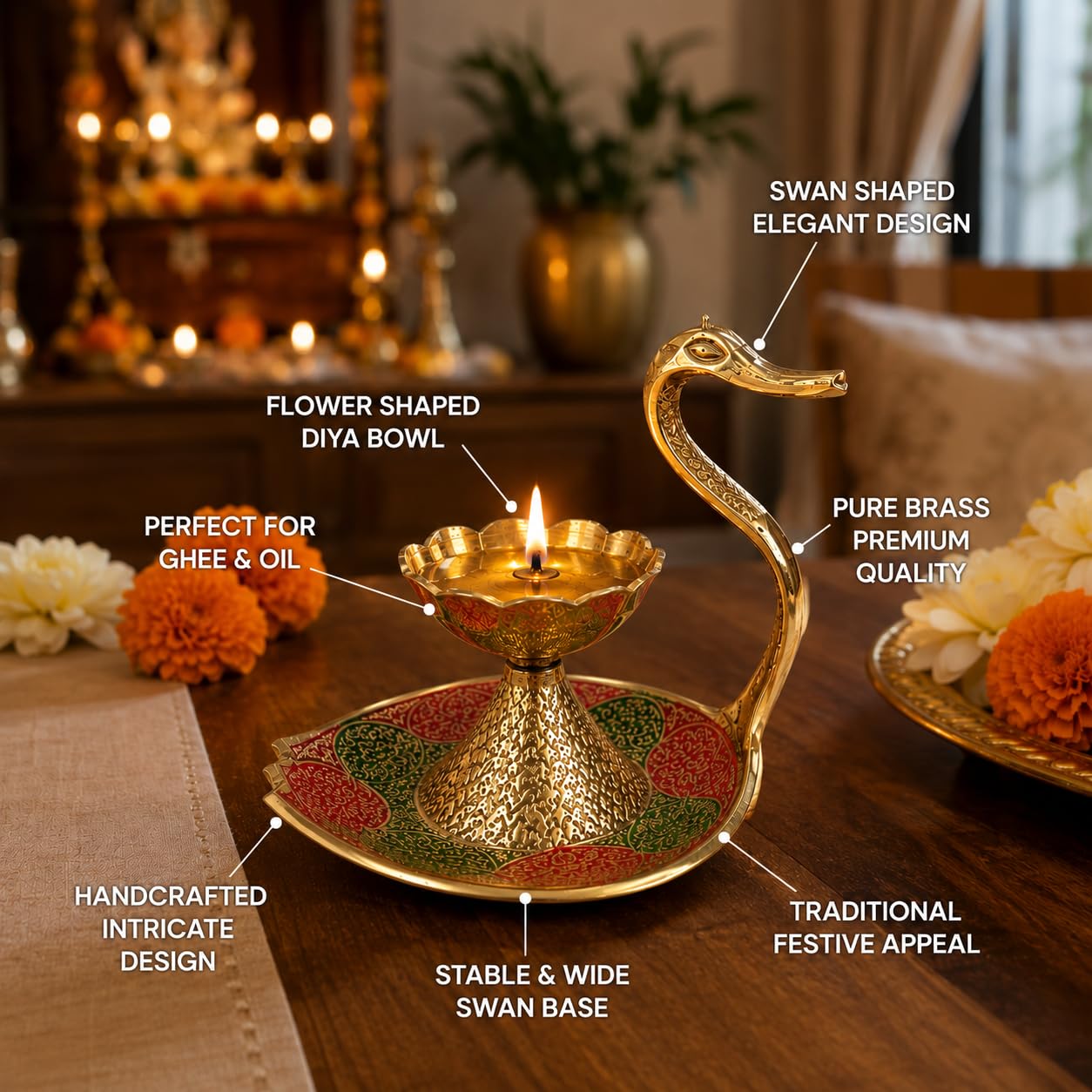 Pure Source India Brass Swan Diya for Pooja, 8 cm | Hand-Painted Flower Oil Lamp with Decorative Tray | Traditional Deepak for Home Temple, Diwali, Festivals, Home Decor & Gifting