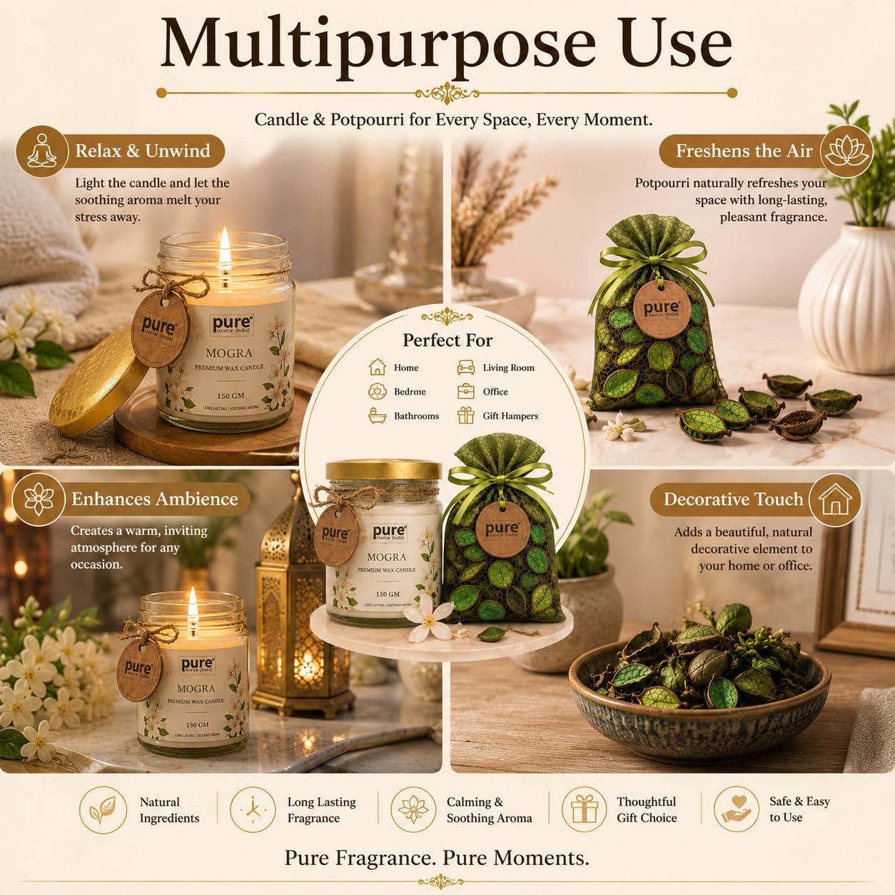 Pure Source India Luxury Festive Gift Box Hamper with Mogra Scented Candles & Green Potpourri| Premium Gift Set