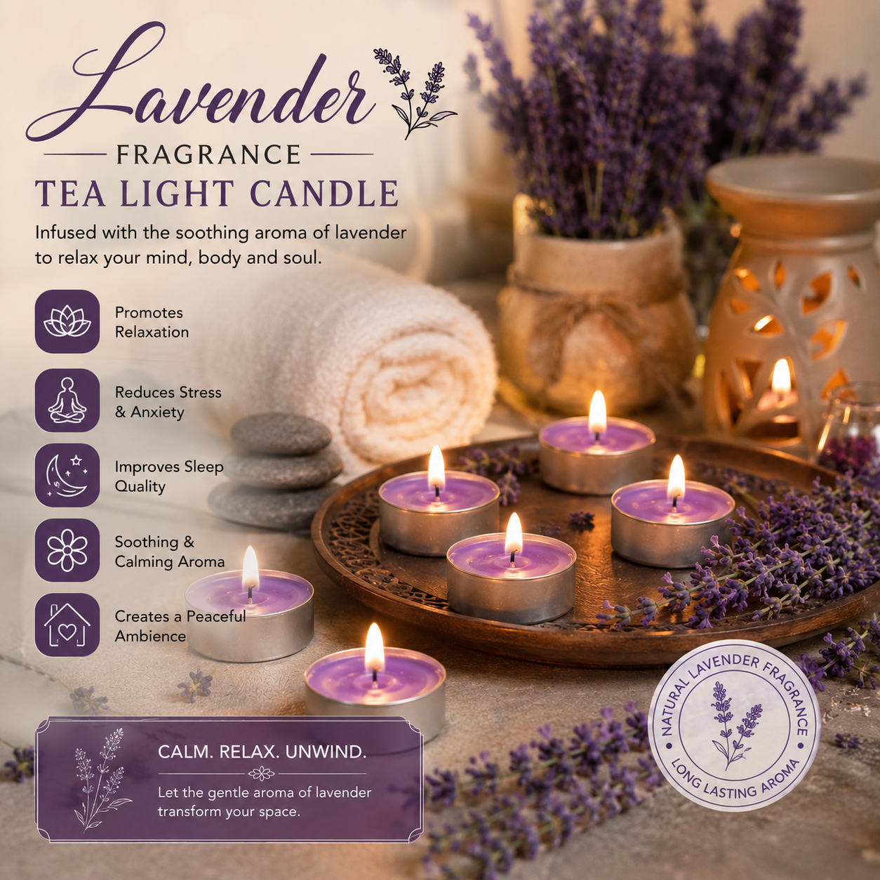 Pure Source India Scented Lavender Tea Light Candles, Pack of 25 | Fragrance Tealight Candles for Home Decor, Pooja, Meditation, Diwali, Parties, Spa & Aromatherapy | Decorative Long-Lasting Candles