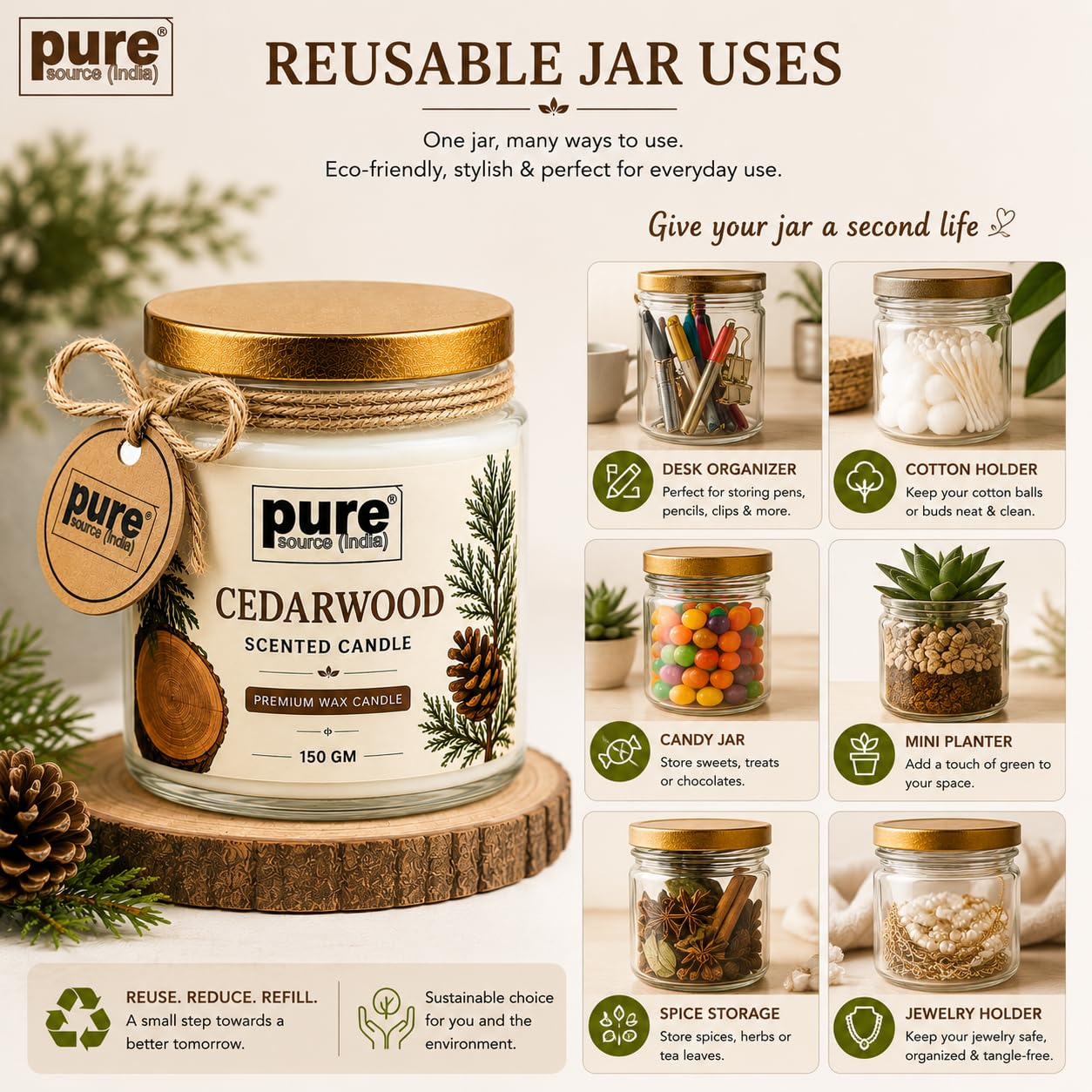 Pure Source India Premium Cedarwood Scented Wax Candle, 150 g | Woody Fragrance | 35–40 Hours Burn Time | Smokeless & Long-Lasting Aromatherapy Candle for Home Decor, Meditation, Diwali, Yoga & Gifting